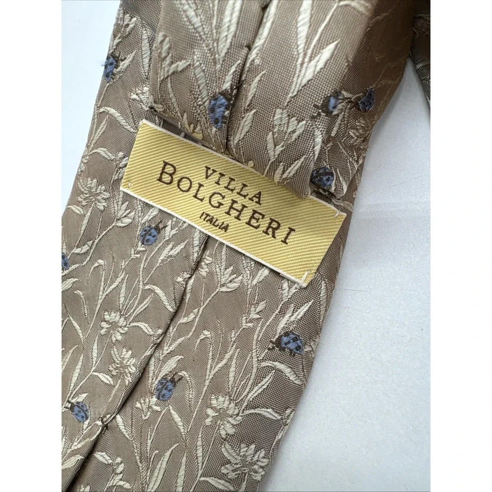 VILLA BOLGHERI Men's Silk Necktie ITALY Designer Floral Embroidery Blue Ladybugs